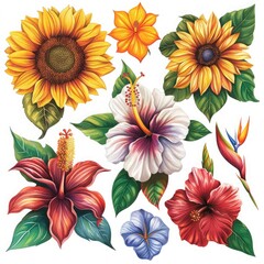 A variety of tropical flowers, including sunflowers, hibiscus, and bird of paradise, are arranged in a colorful and eye-catching design watercolor style