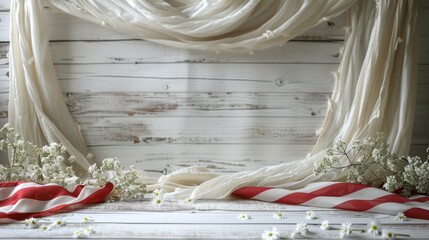 Patriotic Memorial Day Celebration with American Flag on White Wooden Background. Honoring Veterans and Fallen Heroes. [Copy Space]