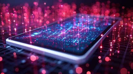 Digital tablet, screen on displaying graph, isolated navy background