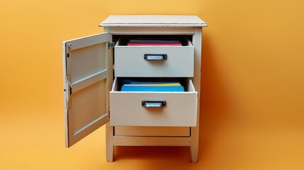 Filing cabinet, open drawer showing files, isolated orange background