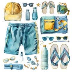 A set of items for a beach day watercolor style