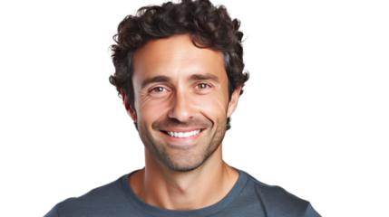 Close-up headshot of a smiling man with short hair in a casual shirt isolated on transparent and white background.PNG image.	