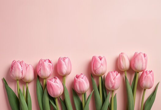 Wonderful Tulips, Lily family, Liliaceae composition spring flowers on pink background