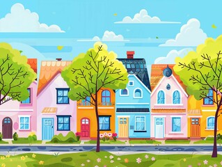 Colourful illustration of a row of whimsical houses under a blue sky.