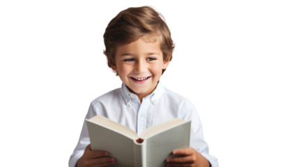 A curious little girl sits absorbed in a colorful book isolated on transparent and white background.PNG image.	