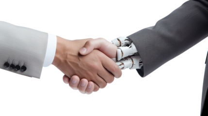 Businessman shaking hands with robot isolated on transparent and white background.PNG image.