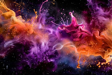 : A dynamic collision of paint water splash and vivid color smoke, forming abstract patterns reminiscent of celestial phenomena, set against a rich black abstract art background.