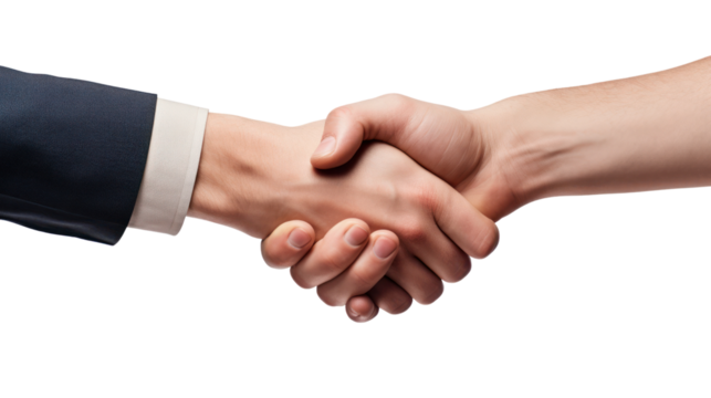 close-up of a handshake rejection between two business people, with a handshake gone wrong isolated on transparent and white background.PNG image.
