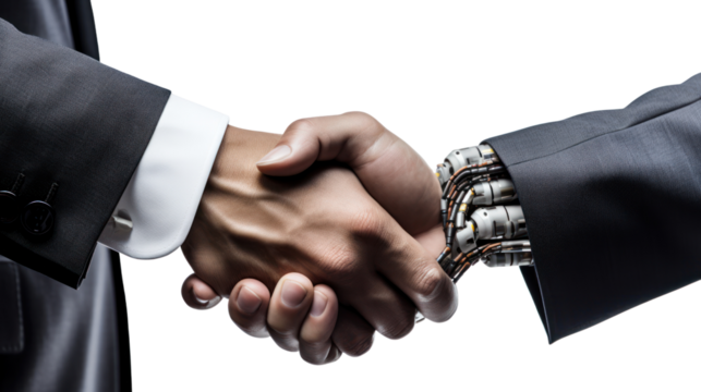 Businessman shaking hands with robot isolated on transparent and white background.PNG image.