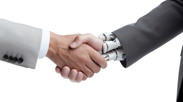 Businessman shaking hands with robot isolated on transparent and white background.PNG image.