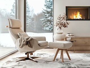 Cozy reading nook with a beige armchair, ottoman, and a fireplace.