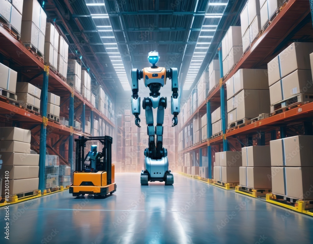 Poster a futuristic robot navigates a warehouse, showcasing the synergy between robotics and logistic opera