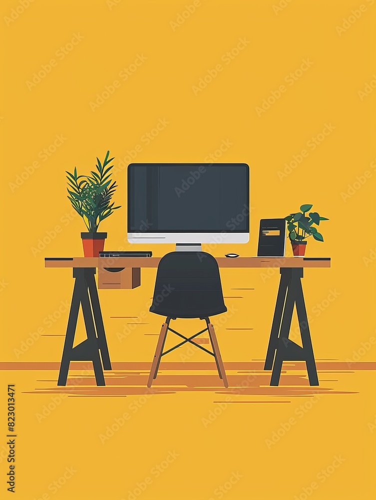 Poster a wide screen monitor displays an email inbox against an isolated goldenrod background