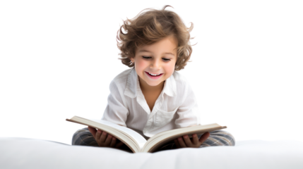 A curious little girl sits absorbed in a colorful book isolated on transparent and white background.PNG image.	