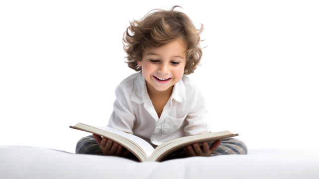 A curious little girl sits absorbed in a colorful book isolated on transparent and white background.PNG image.	