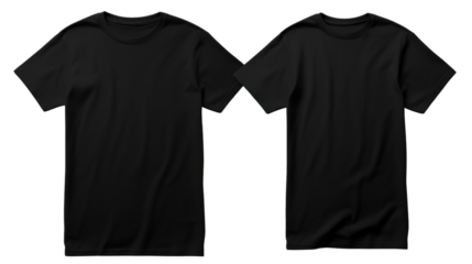  black t-shirt mockup, front and back view isolated on transparent and white background.PNG image.