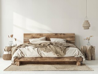 Minimalist bedroom with a wooden bed frame and natural light.