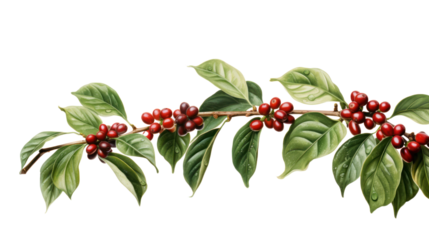 Coffee tree branch with green leaves and unripe coffee fruits or coffee cherries isolated on transparent and white background.PNG image.