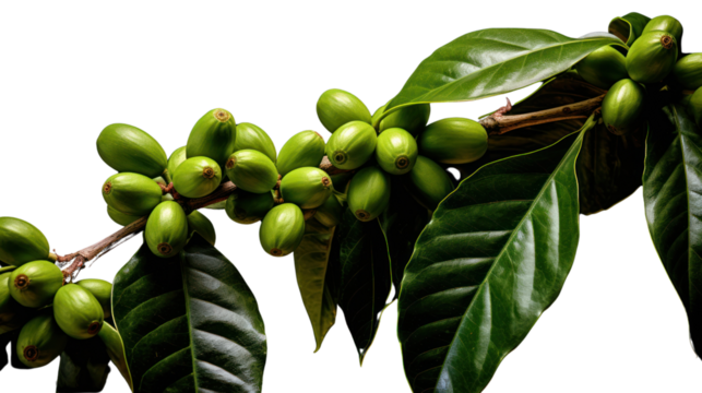 Coffee tree branch with green leaves and unripe coffee fruits or coffee cherries isolated on transparent and white background.PNG image. - Powered by Adobe