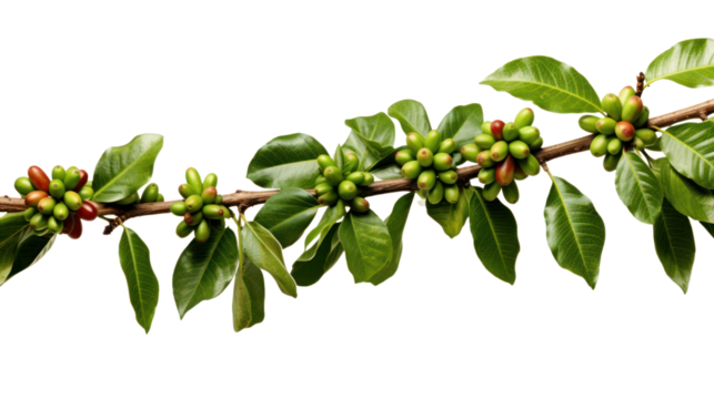 Coffee tree branch with green leaves and unripe coffee fruits or coffee cherries isolated on transparent and white background.PNG image. - Powered by Adobe