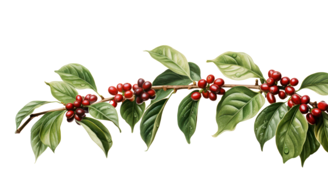 Coffee tree branch with green leaves and unripe coffee fruits or coffee cherries isolated on transparent and white background.PNG image.