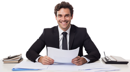 A businessman in a suit works at his office desk isolated on transparent and white background.PNG image.