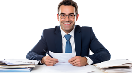 A businessman in a suit works at his office desk isolated on transparent and white background.PNG image.