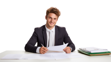 A businessman in a suit works at his office desk isolated on transparent and white background.PNG image.