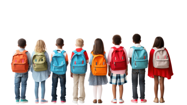 group of kids with colorful backpacks isolated on transparent and white background.PNG image.