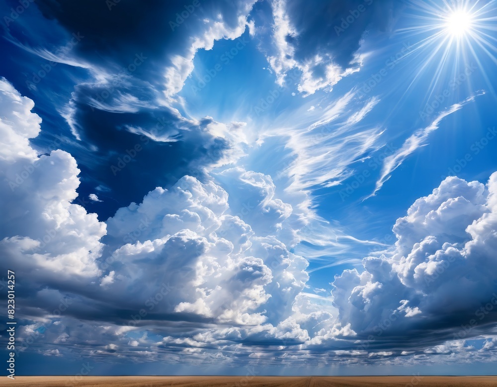 Poster majestic clouds towering over a vast plain bathed in sunlight.. ai generation