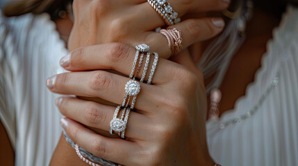 Beautiful model hand wearing white gold diamond ring and tinnes bracelets