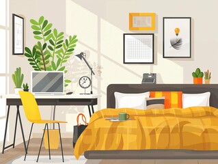 Illustration of a modern bedroom with a desk, plants, and colourful decor.

