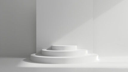 3D render of a stepped podium in a studio setting against a solid white background. The podium steps are arranged symmetrically with soft shadows and studio lighting highlighting the setup.
