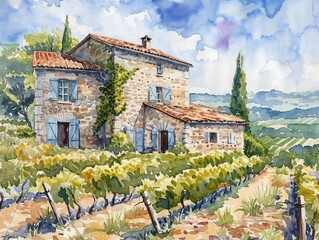 Watercolour painting of a charming stone house surrounded by a vineyard.