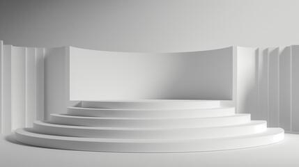 3D render of a stepped podium in a studio setting against a solid white background. The podium steps are arranged symmetrically with soft shadows and studio lighting highlighting the setup.
