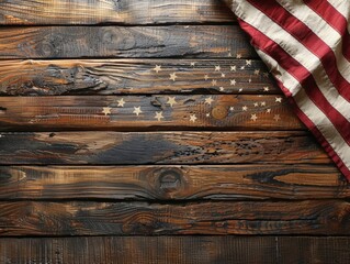 Patriotic Memorial Day Celebration with American Flag on White Wooden Background. Honoring Veterans and Fallen Heroes. [Copy Space]