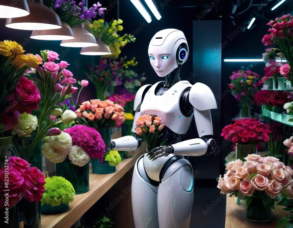 Poster a sleek white humanoid robot arranges a colorful array of flowers in a modern, illuminated flower sh