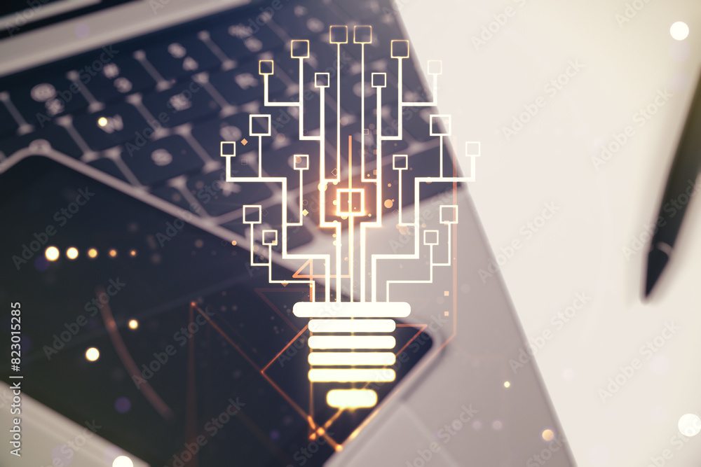 Poster double exposure of creative light bulb hologram with chip on laptop background, idea and brainstormi