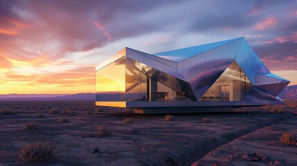 A futuristic house with a dynamic angular design, constructed from reflective titanium panels, situated in a sparse desert landscape at sunset. 32k, full ultra hd, high resolution