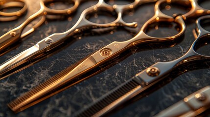 Hairdressing scissors close-up, various styles, isolated background with studio lighting, detailed and sharp for advertising, showcasing versatility