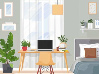 Illustration of a home office setup with a desk, computer, plants, and large windows.