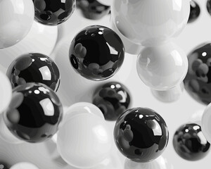 a group of black and white balls floating in the air
