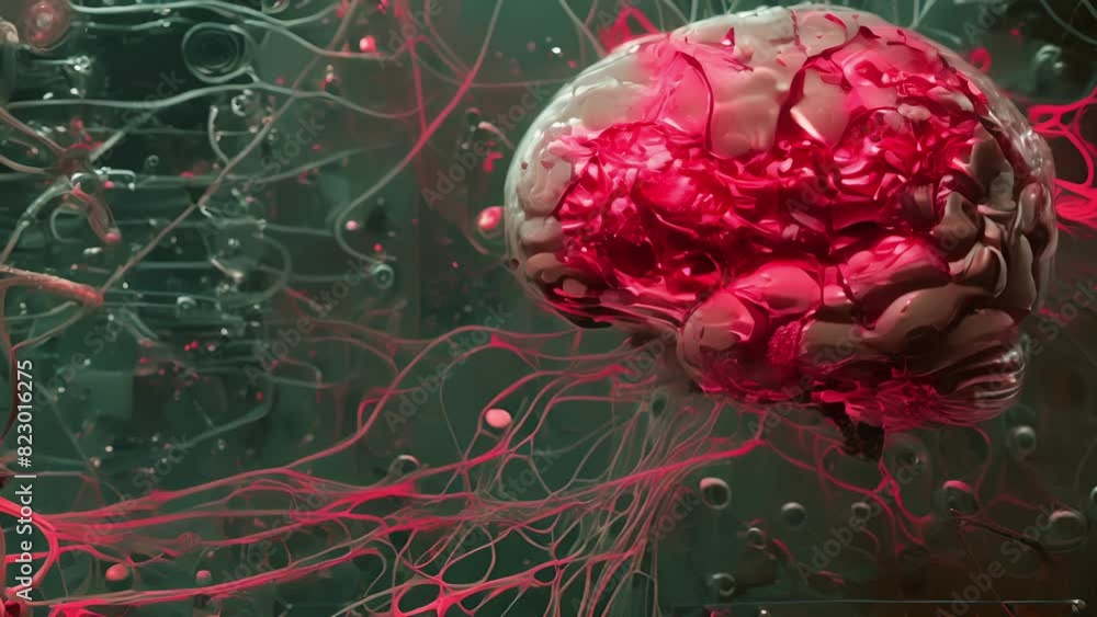 Poster an illustration of a human brain with wires connecting to a digital interface representing the delic