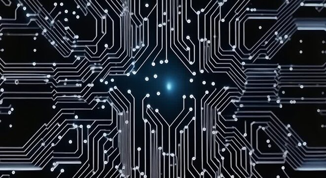 Technological Brilliance, A close-up shot of an illuminated computer circuit board, showcasing the intricate design and glowing blue lights that highlight the advanced technology.