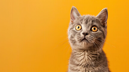 Obraz premium British shorthair cat portrait looking shocked or surprised on orange background