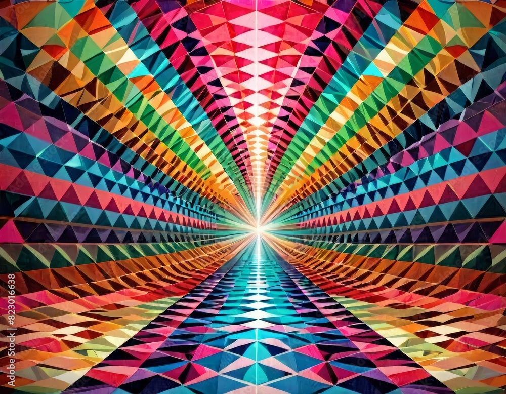 Aufkleber a vibrant artwork showcasing a kaleidoscopic tunnel of multicolored triangles converging towards a c