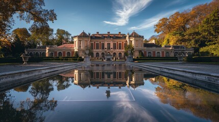 A lavish estate with French baroque architecture, ornamental gardens, and a reflective pool in the...