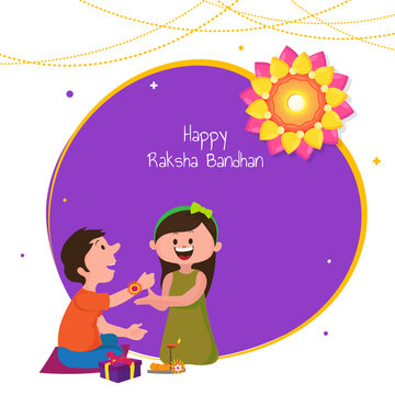 Happy Raksha Bandhan Greeting Card with Cheerful Sister Tying Rakhi on Her Brother Wrist.