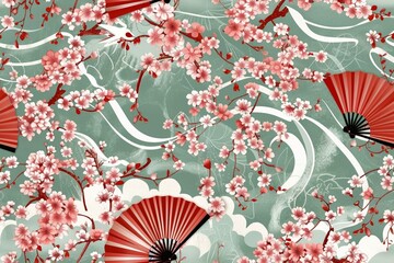 Seamless Design with Chinese Fans, Cherry Blossoms, and Vines

