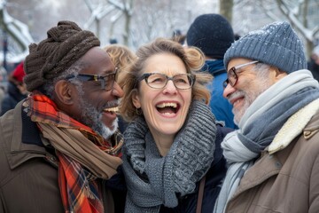 Group of diverse senior friends having fun together outdoors in winter. Cheerful middle aged men and women laughing together. - Powered by Adobe